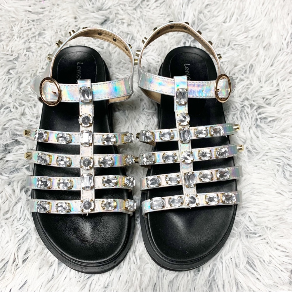 Fashion Nova | women’s holographic bling stud black sandals size 7